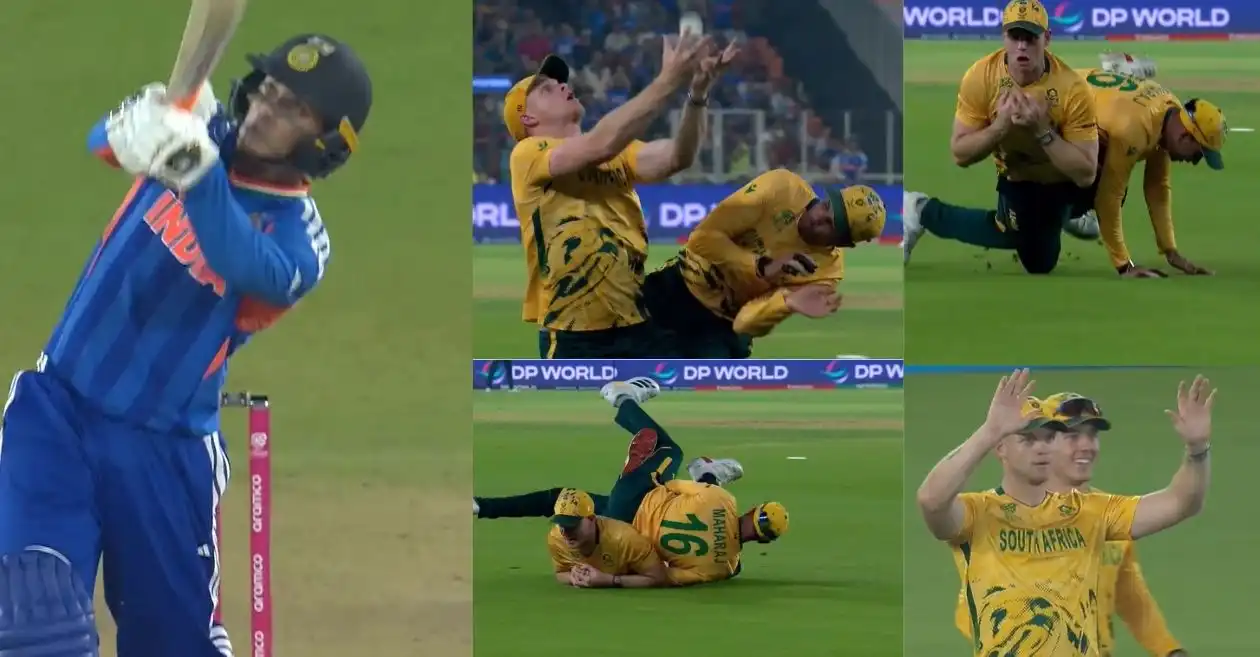 t20 world cup 2026 [WATCH]: Corbyn Bosch and Keshav Maharaj almost collide in heart-stopping catch to dismiss Abhishek Sharma