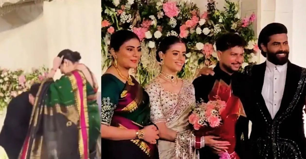 Watch: Kuldeep Yadav touches the feet of Ravindra Jadeja and wife as a mark of respect at the wedding reception.